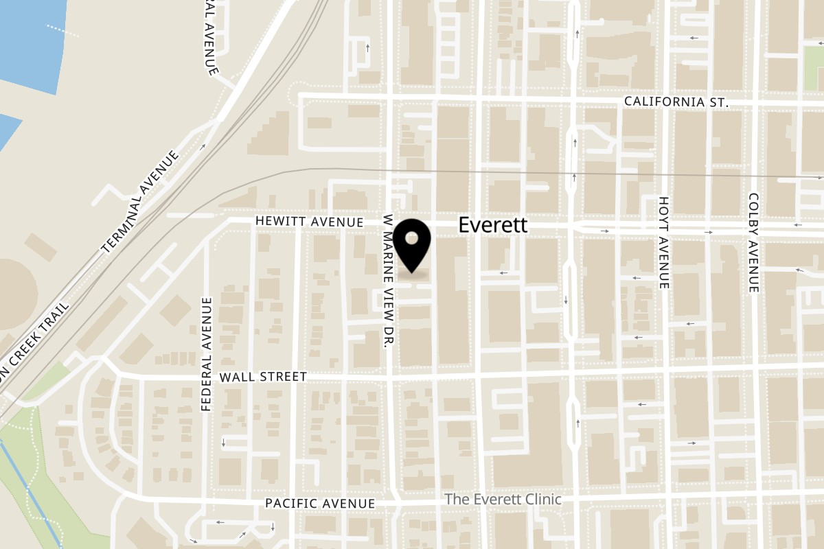 Map showing the location of The Bayside Cafe on 2913 W Marine View Dr in Everett
